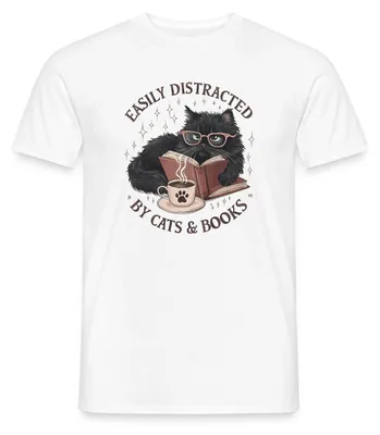 Produktbild von Spreadshirt Easily Distracted By Cats & Books | Leseratte Katze Männer T-Shirt, 5XL, Weiß