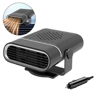 A car heater with a car charger is shown on a white background. A close-up inset shows the heater blowing warm air.