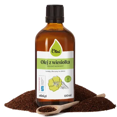 Zdjęcie produktu dla Olej z wiesiołka tłoczony na zimno Olini 100 ml