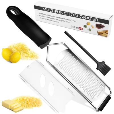 Produktbild von Käsereibe Zitronenreibe - Mit Schutzhülle - Reinigungsbürste - Schwarz - Für Käse, Zitrusfrüchte, Schokolade und Gemüse