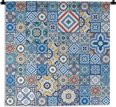 Produktbild von MuchoWow® Wandteppich Wandbehang Muster - Blau - Formen 120x120 cm Tapisserie Dekoration Wandtuch - Modern - Baumwollgewebe