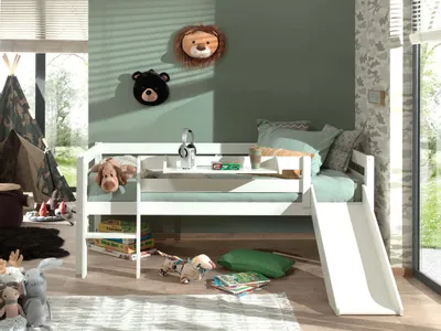 Produktbild von Vipack Kojen-Spielbett mit Liegefläche 90 x 200 cm, inkl. Leiter, Rutsche, Rolllattenrost und Hängeregal, Kiefer massiv weiß lackiert
