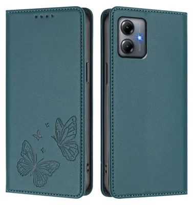 Produktbild von Lederhülle für Motorola Moto G14, Schmetterling Prägung Leder Brieftasche Schutzhülle mit Ständer Grün