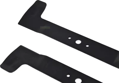 Two black lawn mower blades are shown against a white background.