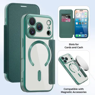 Produktbild von Klapphülle für iPhone 17 Pro Max Kompatibel mit Magsafe, Klar Überzug Kartenhalter Ledertasche mit Kameraschutz Grün