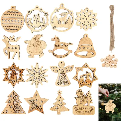 Holzornamente 16er Set, 7,5 cm, mit Juteschnur, Weihnachtsdeko