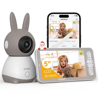 Image de Babyphone avec caméra 3000 mAh Écran 5 pouces Pivotement 355° - Inclinaison 60° - Zoom, Babyphone sans Wi-Fi Audio bidirectionnel Température Berceuses Vision nocturne