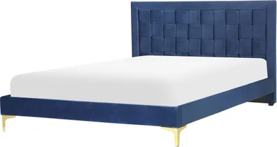 Produktbild von BELIANI Bett Marineblau Samtstoff mit Lattenrost 140 x 200 cm Hohes Kopfteil Goldenes Metallgestell Modern Glamourös Doppelbett Ehebett Schlafzimmer