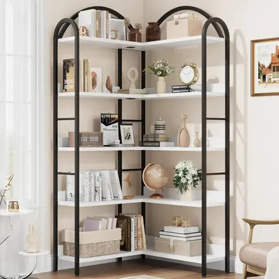 Zdjęcie produktu dla Półka na książki – narożna półka – 5 półek – wysokość 174 cm – otwarta półka drewniana z metalową ramą – do salonu i sypialni – biała