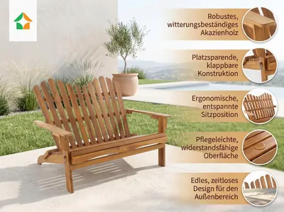 Produktbild von 2-Sitzer Klappbare Adirondack Gartenbank aus Akazie, ca. 125 x 80 x 94 cm
