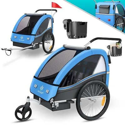 Produktbild von Kinderfahrradanhänger Sport-RX 2in1 Jogger & Buggy 5-Punkt-Gurt Sicherheitsgurt 360° Vorderrad Kinderfahrradanhänger Reflektoren für 1-2 Kinder (max. 40 kg) Getränkehalter & Smartphonefach