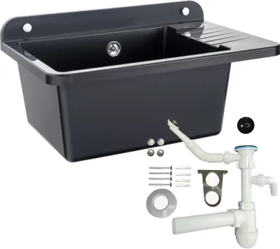 Produktbild von Waschbecken mit Siphon Ausgussbecken aus Kunststoff schwarz Granit Farbe, 50 cm Länge hängen Wasserinstallation Küche Badezimmer robuste Waschtrog