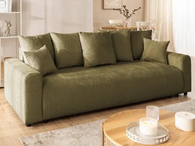 Produktbild von Calma - Komfortables 4-Sitzer Schlafsofa im Bumpy-Design mit Bettkasten aus weichem Grün Chenille-Stoff