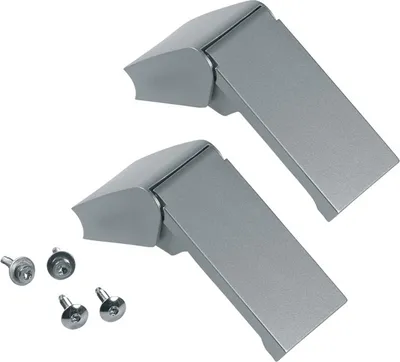 Two silver refrigerator door handles and four screws on a white background.