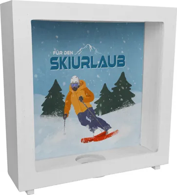 Produktbild von Für den Skiurlaub Rahmen Spardose aus Holz mit coolem Skifahrer