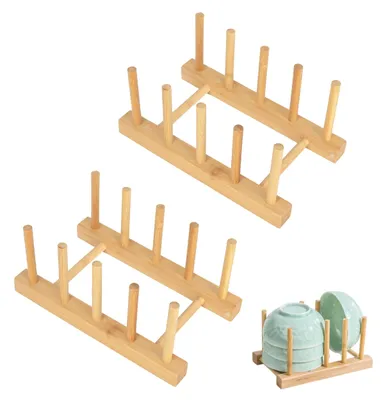 Produktbild von Tellerständer aus Holz, 2-teiliger Topfdeckelhalter, Abtropfgestell aus Holz, Ständer für Schneidebretter, Topfdeckel, Teller, Schüsseln, Tassen (4 Fächer)