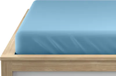 A close-up view of a light blue fitted sheet on a wooden bed frame.