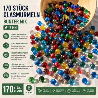 Produktbild von 170 Stück Glasmurmeln 16 mm – Bunter Murmel Mix – Glas Murmeln Glaskugeln für Murmelspiel, Murmelbahn, Deko & Sammlung, KI-generiertes Bild
