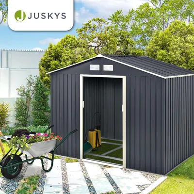 Produktbild von Juskys Metall Gerätehaus XL mit Satteldach, Tür & Fundament - 9m³ groß - Anthrazit