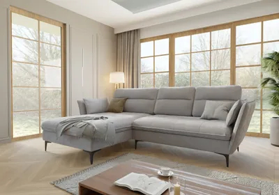 Produktbild von Ecksofa Egon mit Schlaffunktion und Bettkasten aus Hellgrau Samt-Stoff mit hohen schwarzen Metallfüßen,B/T/H: 260 cm/ 168 cm / 91 cm, Ottomane links