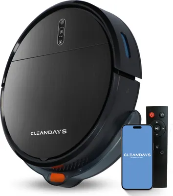 A black robot vacuum cleaner with its charging station, remote control, and a smartphone displaying the brand's app, all presented on a white background.