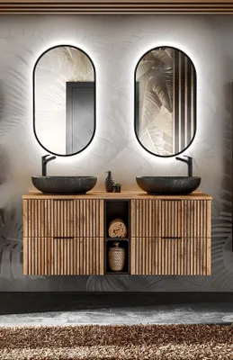Produktbild von MONTIERT Design Badmöbel Set XILO 140 cm mit 2  Waschbecken LED Soft-Close Waschtisch Spiegel