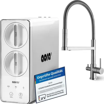 Produktbild von AORA GT600 Umkehrosmoseanlage Untertisch – 8-Stufen-Filtration, 3-Wege-Armatur, Trinkwasserfilter tanklos, Osmoseanlage, RO + STATEMENT Edelstahl