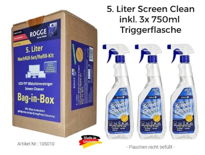 Produktbild von ROGGE Bildschirmreiniger 5 Liter Bag-in-Box Abfüllsystem  inkl. 3x750ml Triggerflaschen (leer)