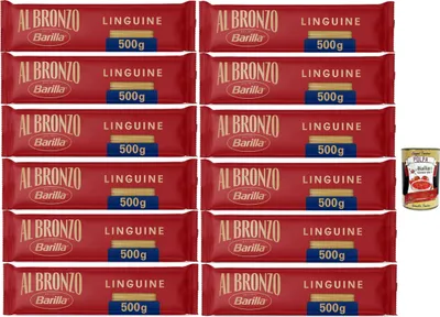 Produktbild von Barilla Al Bronzo Linguine – 12 x 500 g (6 kg) | Extra rau & saucenbindend, Hartweizengrieß, Premium-Langpasta Vorratspack, al dente ca. 11 Min. + Italian Gourmet polpa