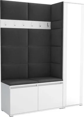 Produktbild von Garderoben-Set Noris VII mit Spiegel, gepolsterte Garderobe 145 cm, Flurmöbel mit Wandpaneelen, Schuhtruhen und Stauraum (Farbe: Weiß+ Trinity 15)
