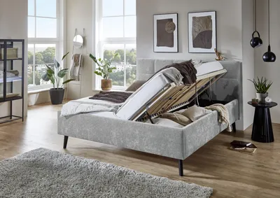 Produktbild von Meise Möbel Stauraumbett Nova 180x200 cm | Doppelbett | Bettkasten & Lattenrost (Federholzrahmen) | Webstoff Grau | Holzfuß schwarz