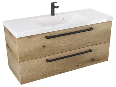 Produktbild von ATHD Wandhängender Unterschrank mit Spüle 100 cm - Evoke Matt Eiche - Mattschwarze Griffe