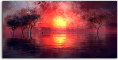 Produktbild von Coloray - Glasbild - 100x50 cm - Wandbild - Glasbilder - Deko See abstrakt Sonnenuntergang Baum