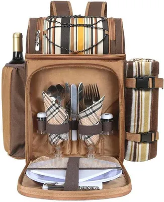 Produktbild von Unyqoos® Picknickrucksack für 2 Personen – 3 isolierte Kühlfächer (bis 10L), Besteckset für 2, wasserfeste Fleece-Decke, Flaschenhalter, wasserdichtes Polyester