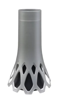 A silver-colored planter with a decorative, openwork base.