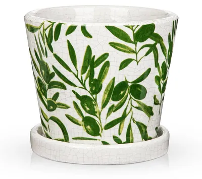 Image de Pot en céramique de 14 cm, décoré de motifs d'olivier, avec soucoupe, idéal pour les plantes succulentes, pour intérieur et extérieur