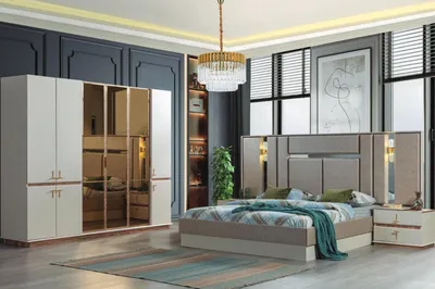 Produktbild von Designer Bett Holz Kleiderschrank  Nachttische Schlafzimmer Set
