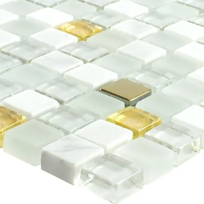 Produktbild von Glas Naturstein Mosaikfliese Maryot Weiss Gold