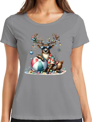 Immagine prodotto di Occhiali da sole con renna di Natale Camicia hawaiana palla da spiaggia luci fatate T-shirt da donna, grigio, S
