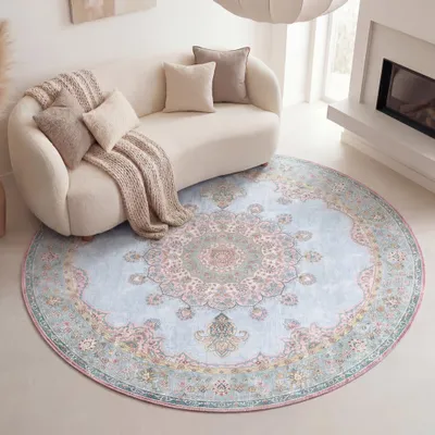 Produktbild von Volero - Teppich Vintage Rund - Lily Medaillon Hellblau Türkis - Ø 140 cm - Wohnzimmer, Esszimmer, Schlafzimmer - Klassik