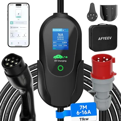 Immagine prodotto di Caricabatterie EV, connettore CEE, 11 kW, tipo 2, cavo di ricarica trifase, 7 metri, wallbox portatile