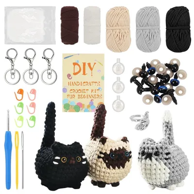 Image de Kit de crochet pour débutants, comprenant 3 motifs de chats, ainsi que la laine, l'aiguille, le rembourrage et les instructions