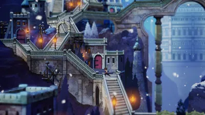 A fantastical, snowy castle setting with intricate staircases and buildings.