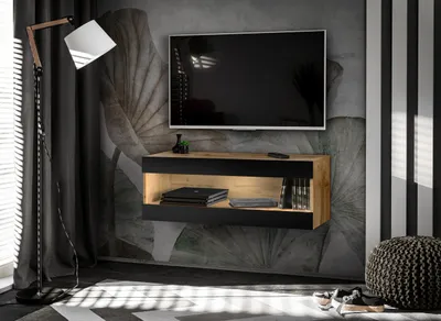 Obrázek produktu pro Komoda, RTV skříňka, Tivoli RTV2, Wotan/černá, šířka 100 cm x výška 36 cm x hloubka 35 cm, LED modrá, do obývacího pokoje, ložnice