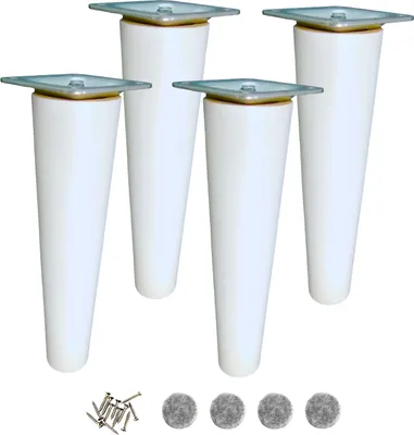 Four white furniture legs with silver tops and screws and felt pads on a white background.