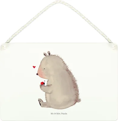Produktbild von Mr. & Mrs. Panda Schild Bär Marienkäfer DIN A4 - Weiß - Geschenk, Holzschild, Motivation, kleine aufmerksamkeit, holzbild, Teddy, Liebe, Wandbild Holz, Freiheit