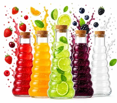 Imagen del producto de 5 botellas de vidrio VERONA de 380 ml, aptas para agua, zumo, alcohol, aceite y vino