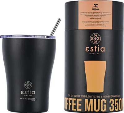 Produktbild von ESTIA | Thermobecher - Isolierbecher - schwarz - Kaffeebecher 350 ml - aus Edelstahl - mit Strohhalm