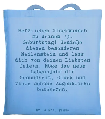 Produktbild von Mr. & Mrs. Panda totebag Spruch 73. Geburtstag Meilenstein - Sky Blue - Geschenk, Ehrentag, Geburtstagsgeschenk, Schultasche, Tasche, Einkaufstüte, Wertschätzung, feiern