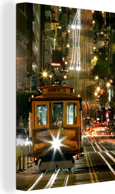 Produktbild von MuchoWow® - Leinwandbilder - Straßenbahn in San Francisco bei Nacht, Wandbild, Wanddeko Bilder Wohnzimmer, 60x90 cm